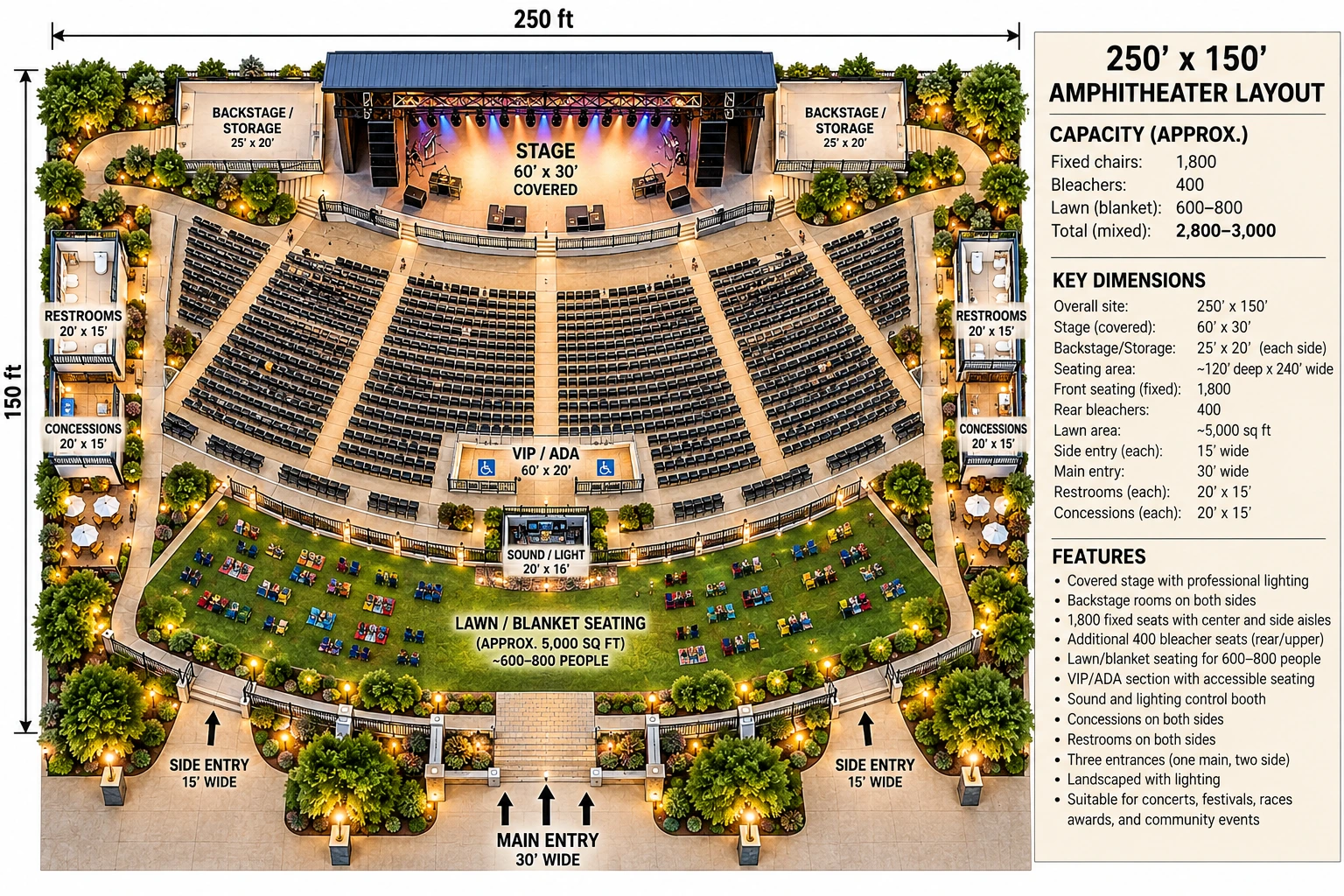 Elaine's preliminary 250 by 150 foot amphitheater layout showing a covered stage, seating areas, lawn and guest facilities