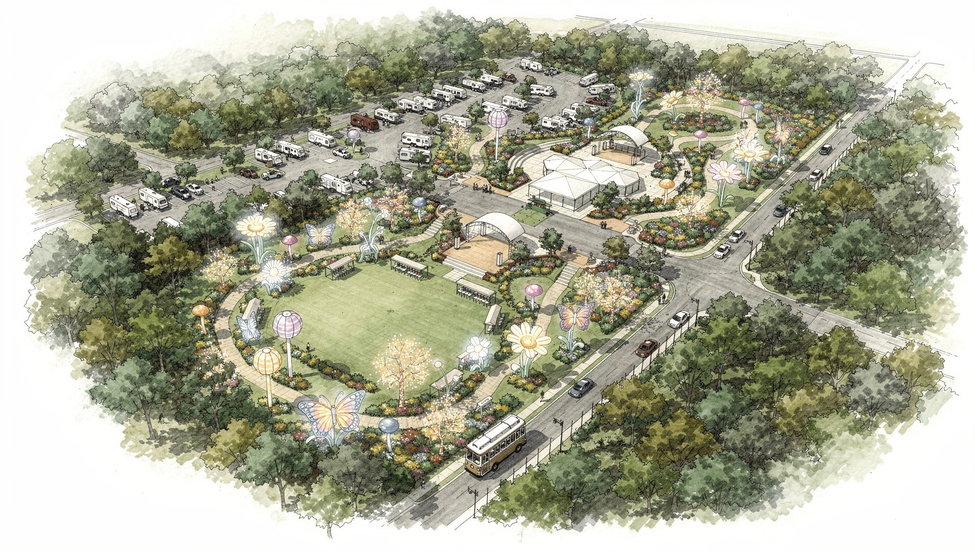 Concept illustration of outdoor stays and garden experiences at CR 91