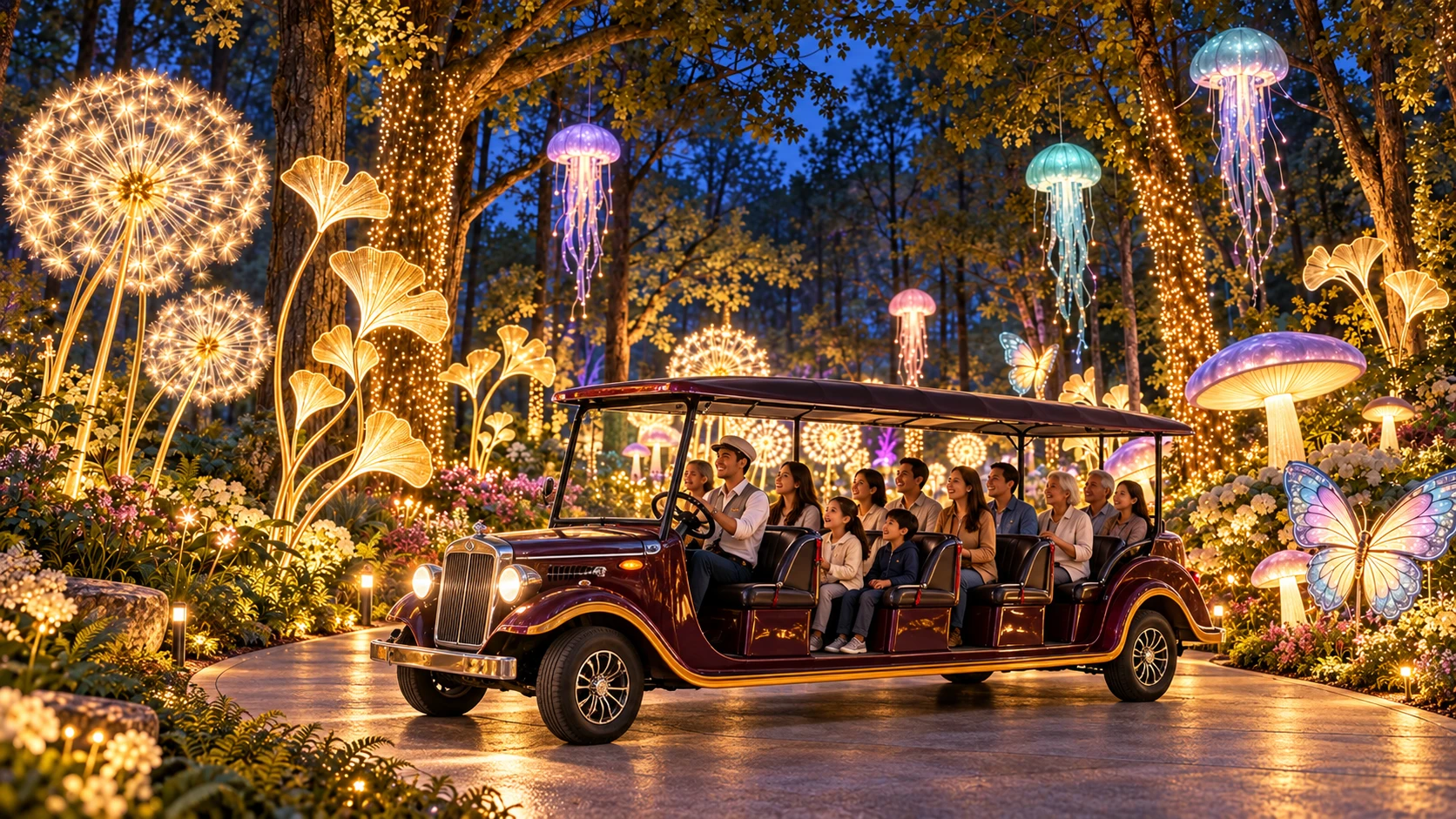 Concept rendering of families riding a burgundy vintage-style sightseeing shuttle through CR 91's illuminated woodland, surrounded by glowing flowers, mushrooms and lanterns