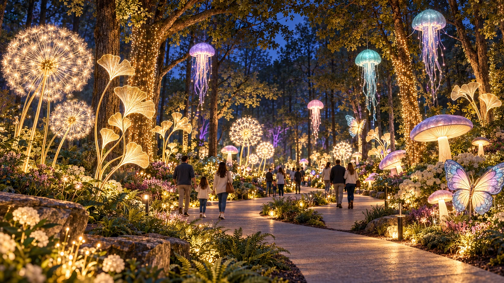 Illustrative CR 91 woodland light-show trail at night with giant illuminated flowers, glowing mushrooms, lanterns and families exploring the path