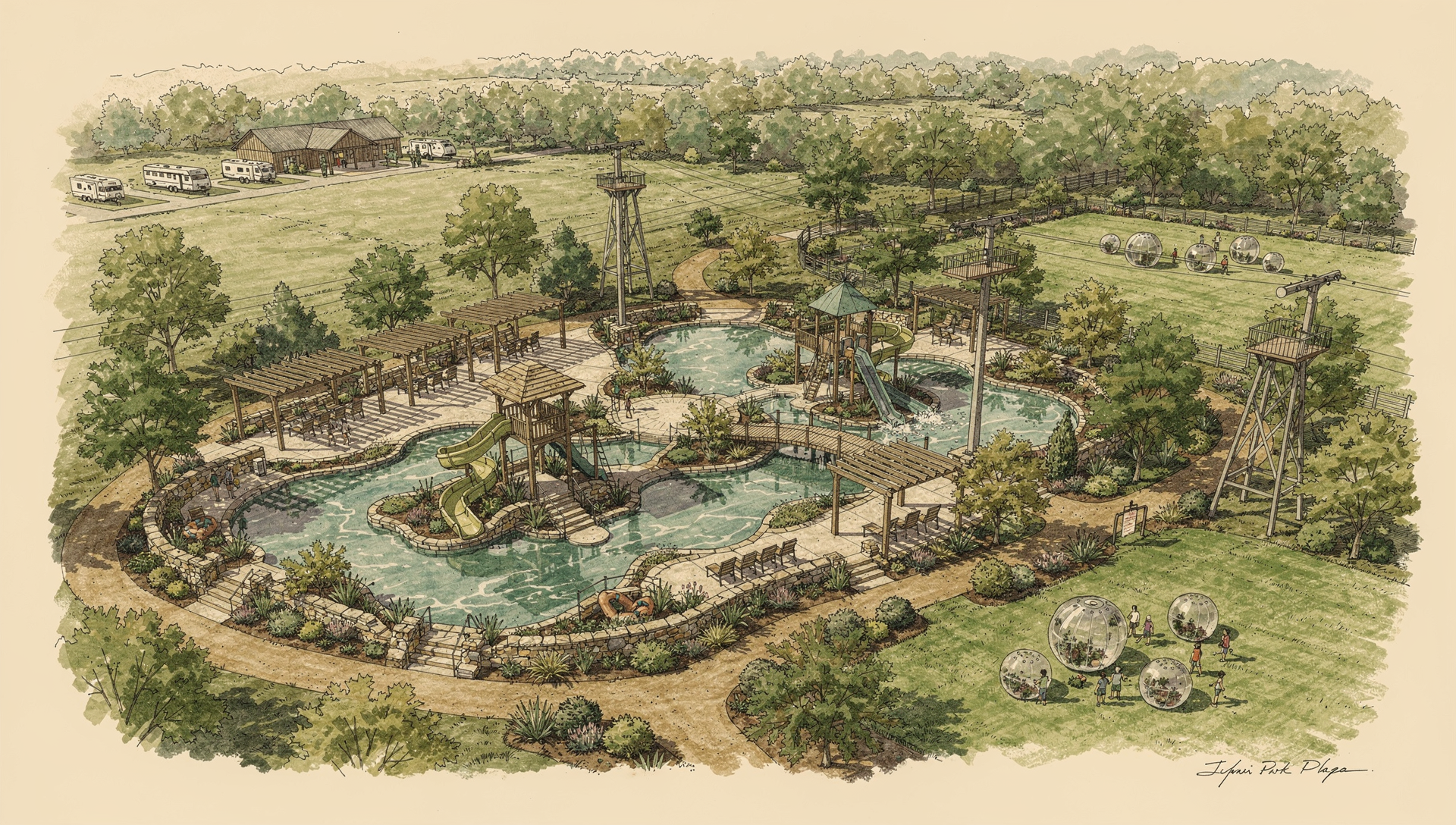 Architectural concept illustration of the future CR 91 water park