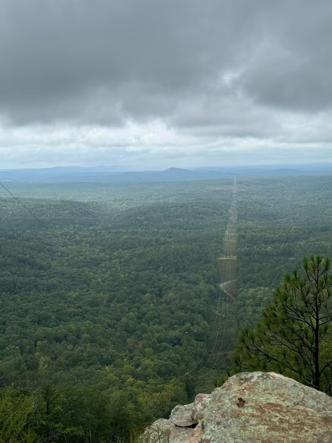 A wide mountain and forest view from a rocky overlook